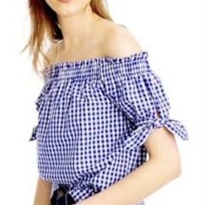 J. Crew Off the Shoulder Blue Gingham Plaid Top 4